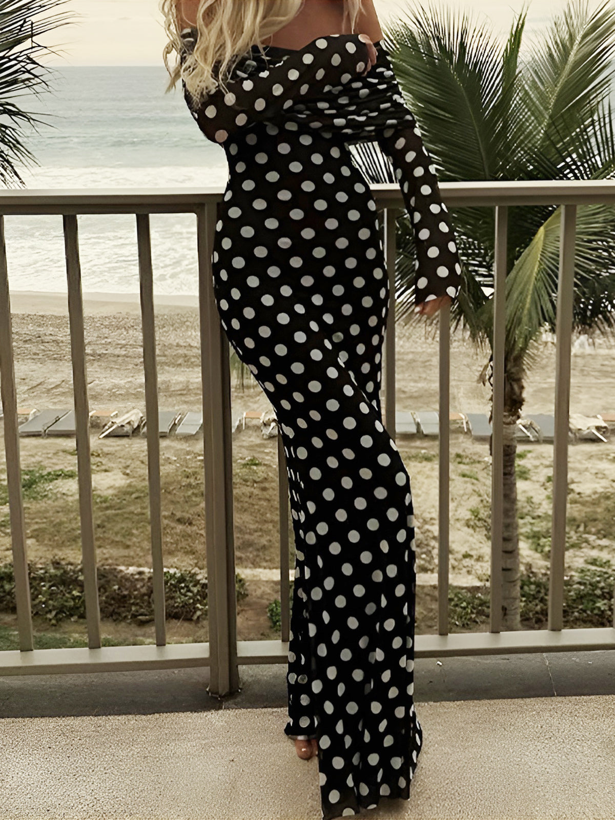 Langarm-Off-Shoulder-Kleid mit Polka-Dot-Print